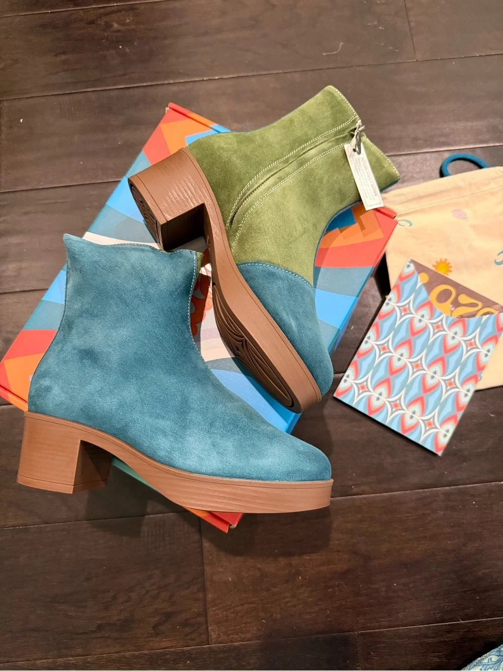 Two-Tone Green and Teal Suede Block Heel Booties